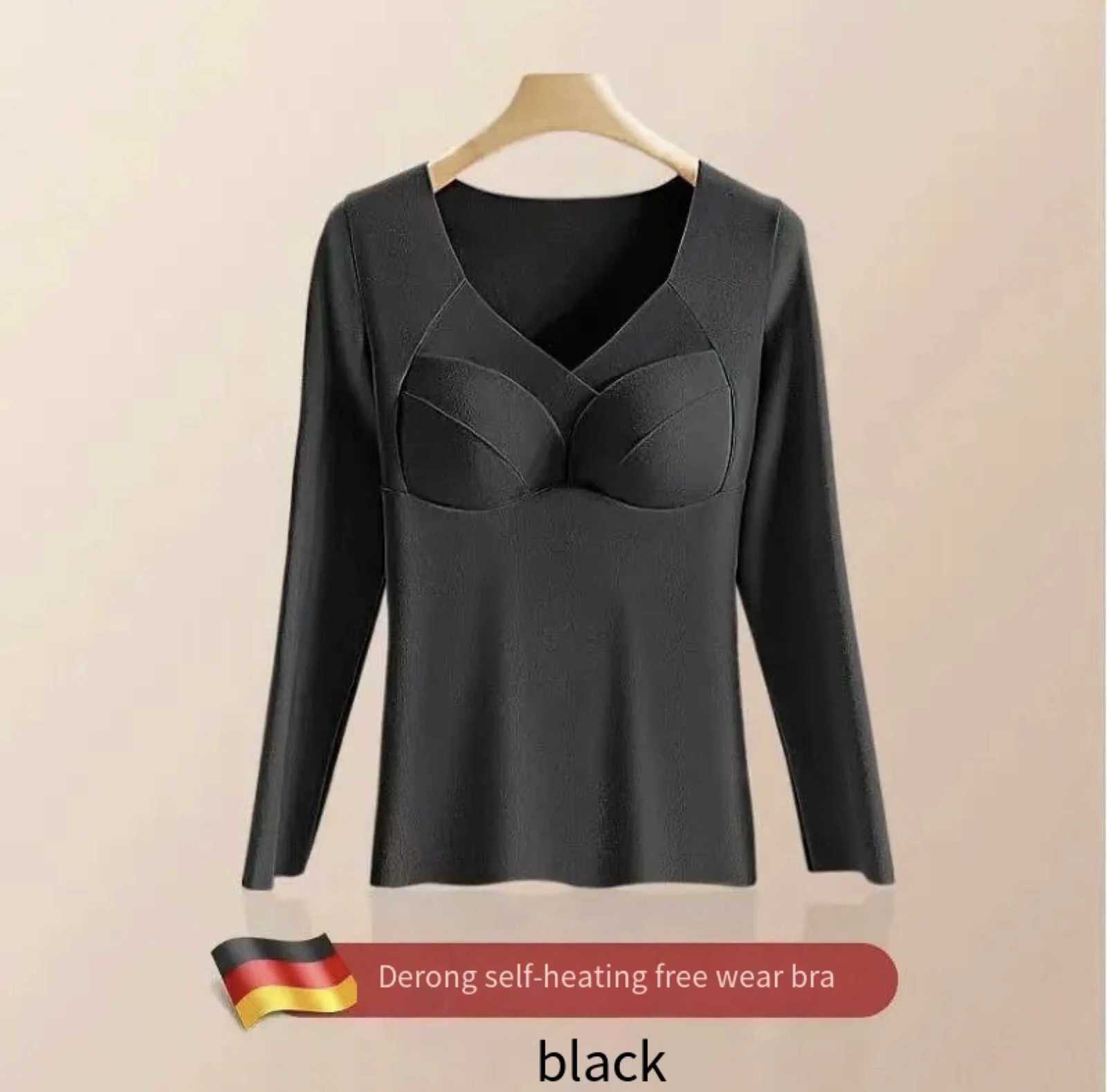Women Thermal Underwear Plus Size Fixed Cup Autumn Winter Stretchy Longsleeved Vneck Padded Tshirt Thick Top Female Lingerie T251018