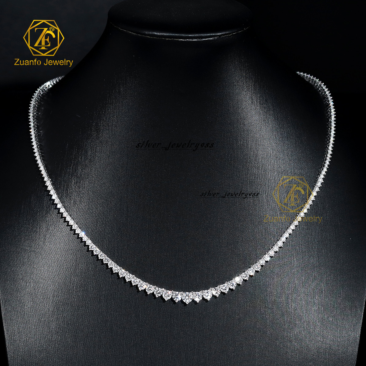 925 Silver Tennis Chain Necklace 25mm Graduated Lab Grown Diamonds Martini ProngSet Tennis Chain Necklace