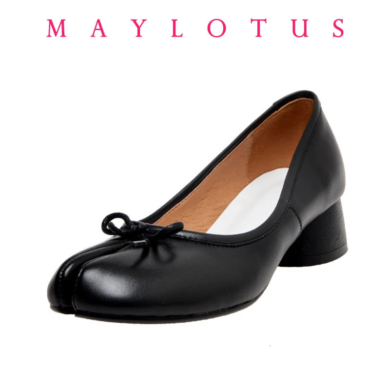 Split Toe 3cm Heel Tabi Shoes Slip On Leather Comfy Soft Bottom solid Ladies Moccasins with Bowknot 251011