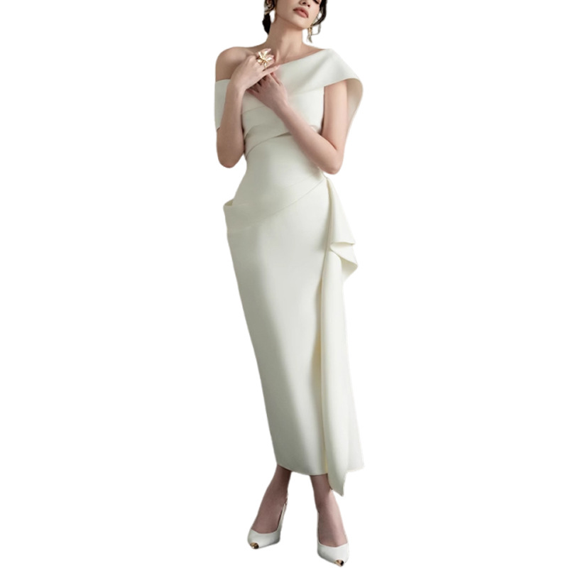 PN88 New White Elegant Slit Waist-cinching Dress