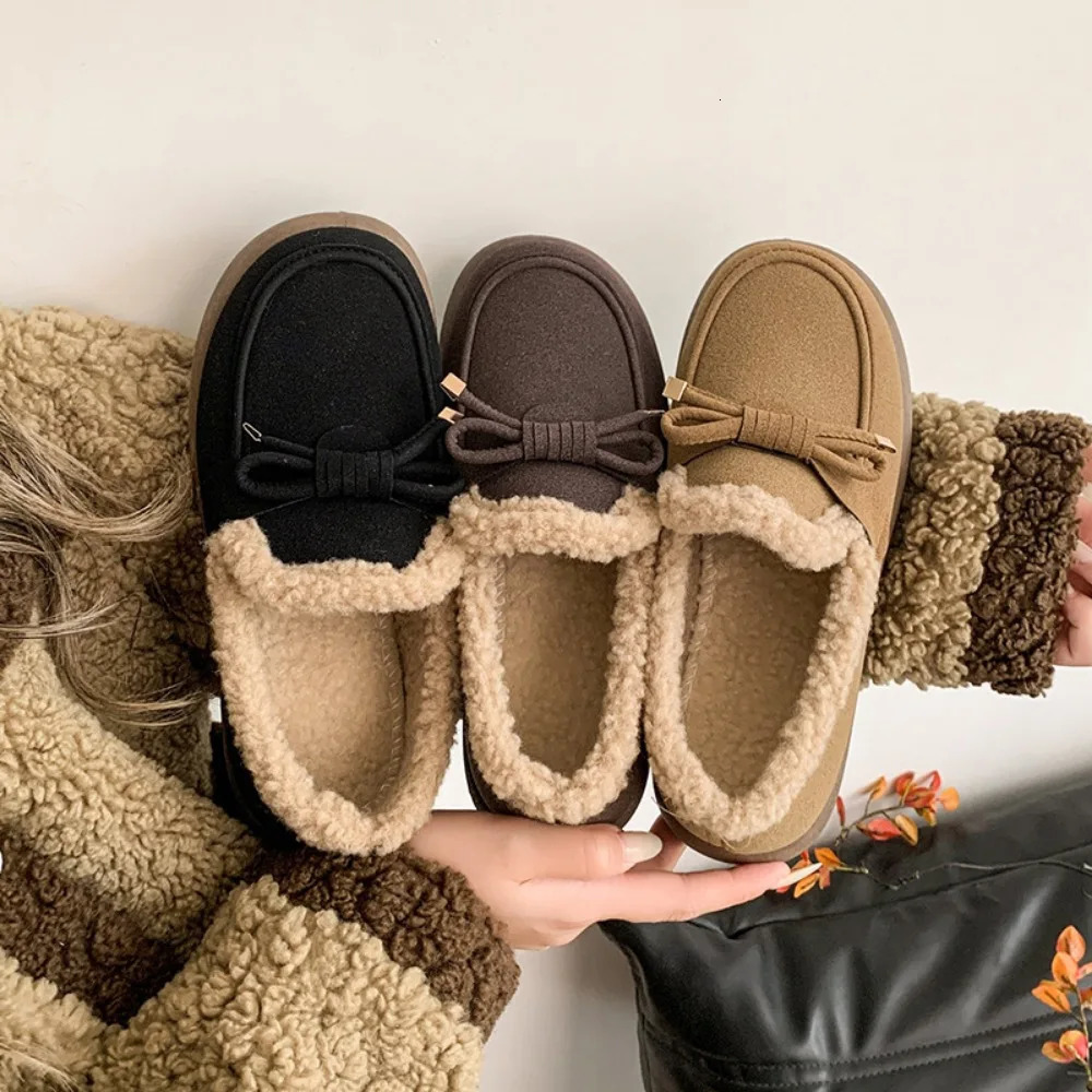 Women Winter Casual Shoes Moccasins Soft Flat Nonslip Loafers Fashion Comfort Warm Plush Bow Slip on Female Cotton Shoes 251013
