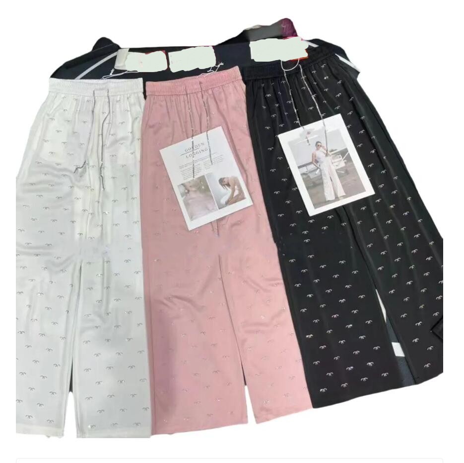 Women's elastic waist rhinestone letter pattern loose long pants designer shinny trousers SMLXL