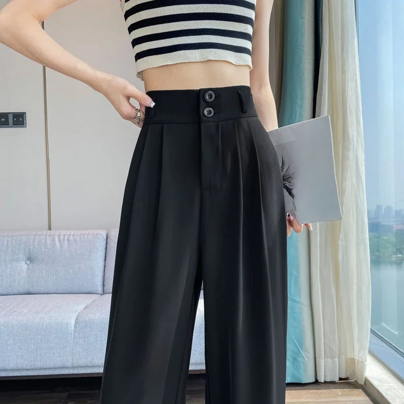 Spring Summer Button High Waist Wide Leg Pants for Women White Straight Loose Full Length Trousers Female 251017