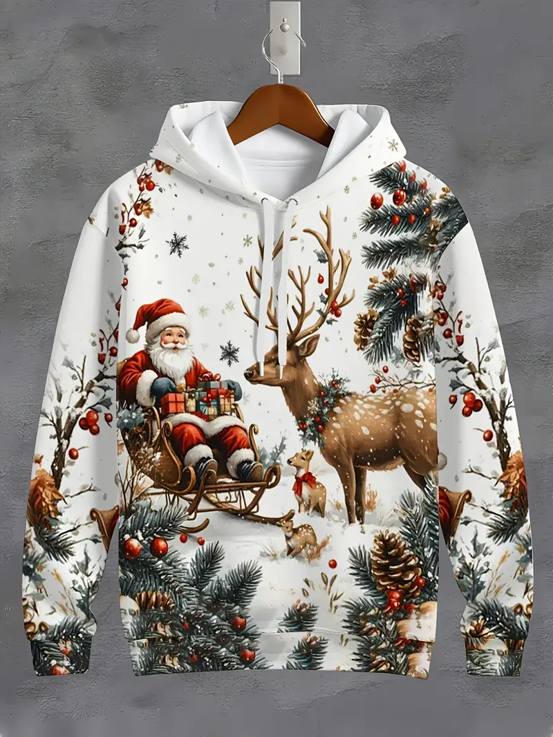 Men's Christmas Santa & Reindeer Graphic Hoodie Set - 2 Piece Casual Streetwear Outfit2-3-Christmas Edition