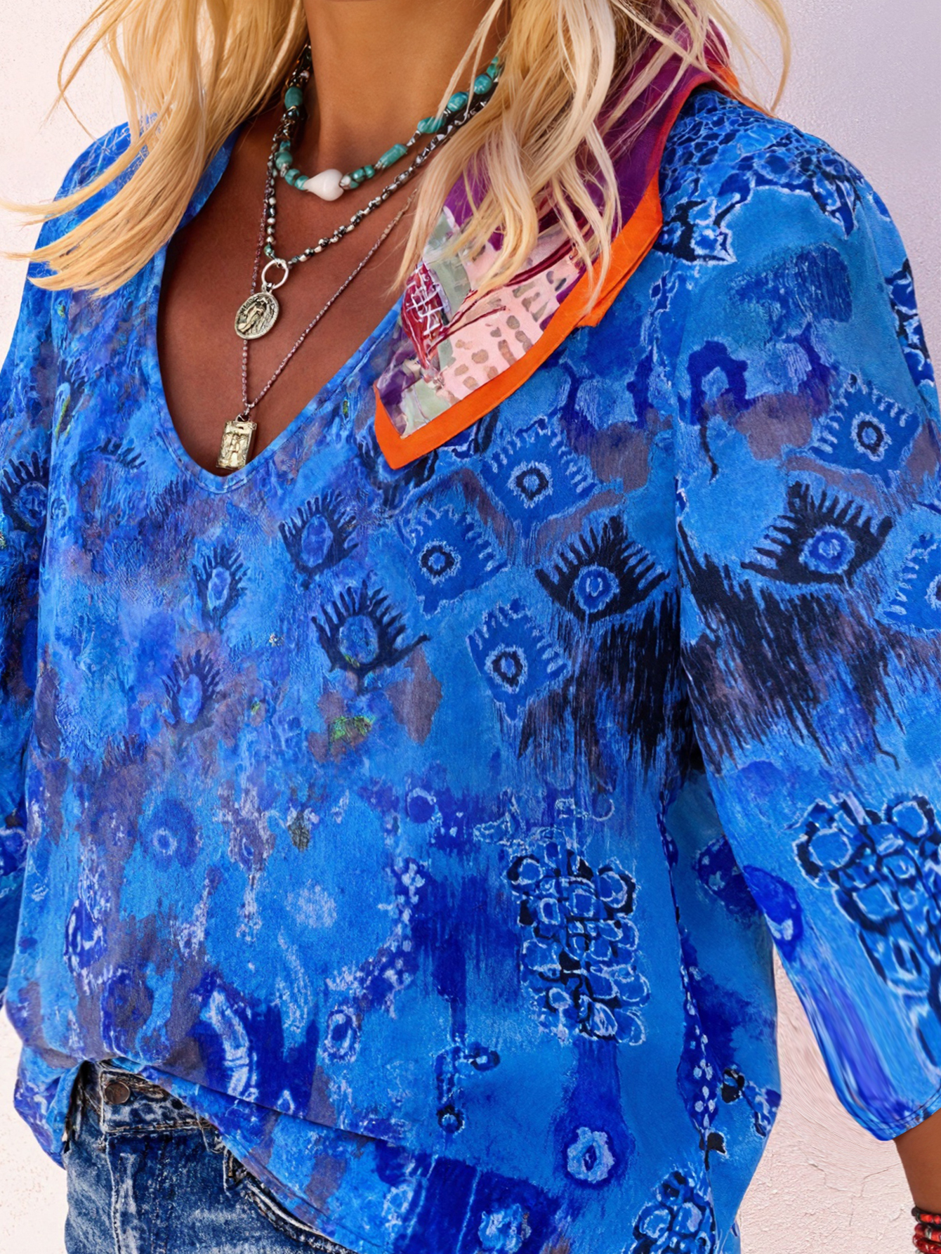 Women's Plus Size Retro All-Over Printed Long Sleeve Top - Casual Versatile Blue T-Shirt-YL25248