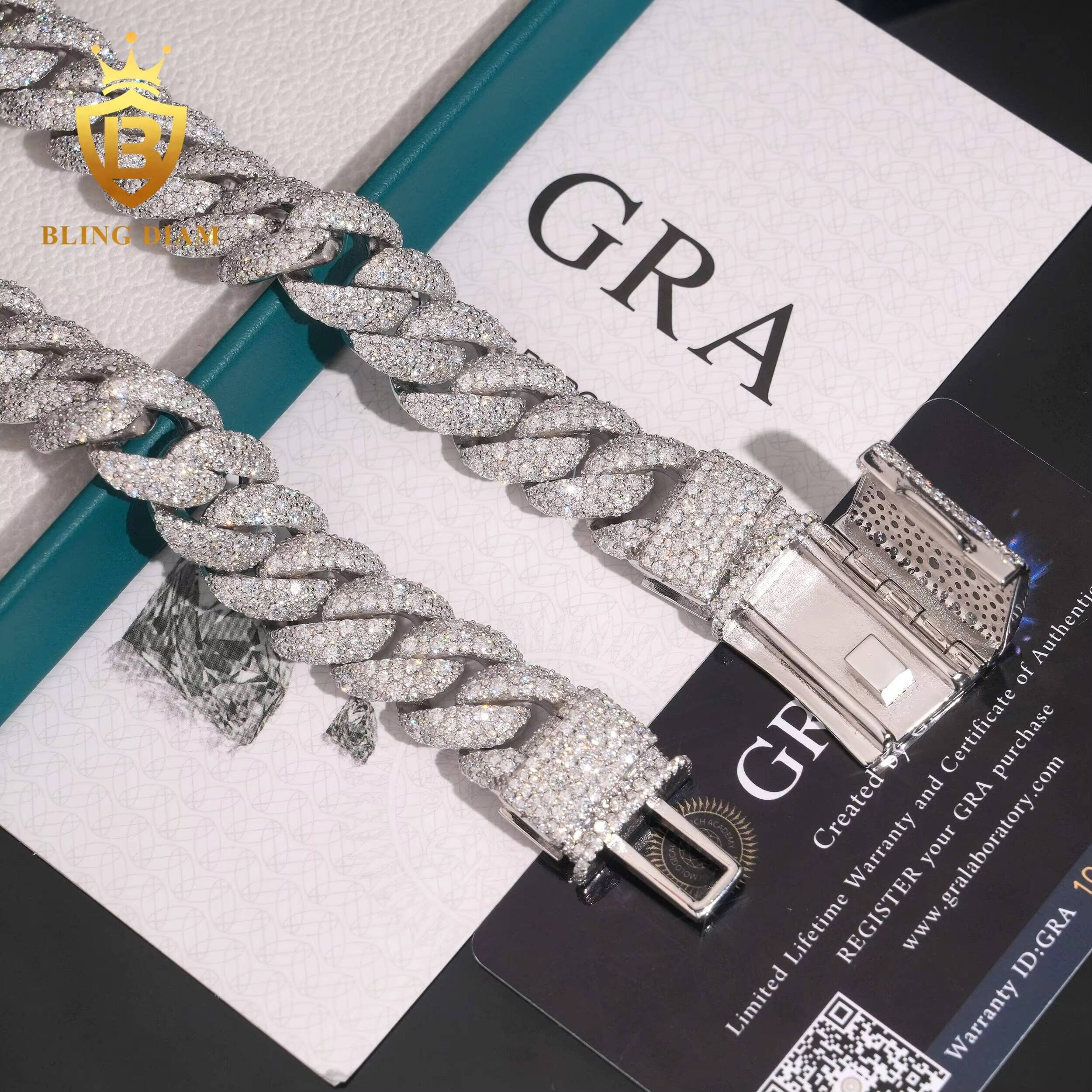 Hot Sale Fashion 15mm Cuban Chain 925 Silver Mosainite Iced Out Jewelry VVS Moissanite HipHop Style Pass Diamond Tester with GRA