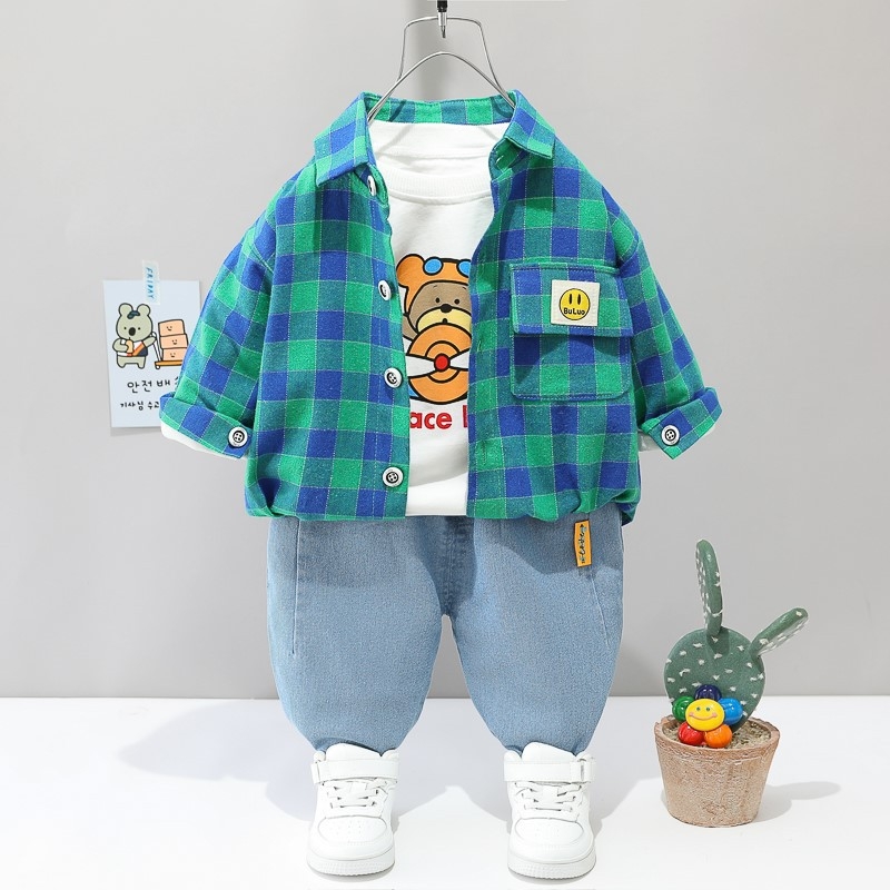 Children's outer set baby boys and girls spring and autumn clothing 1-4 years old foreign trade boys' checkered shirt denim three piece set