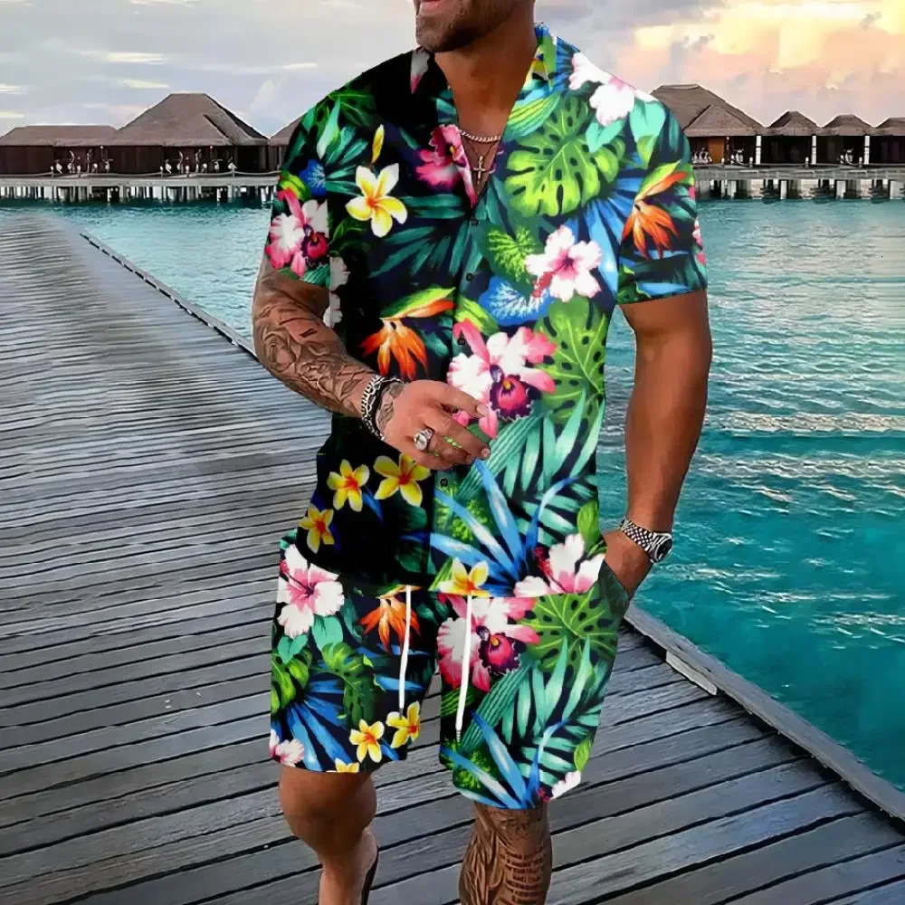 Hawaiian Shirt Flamingo Coconut Tree 3d Print Short Sleeve ShirtShorts 2Pcs Set Casual Beachwear Vacation Suits Men Clothing 251010