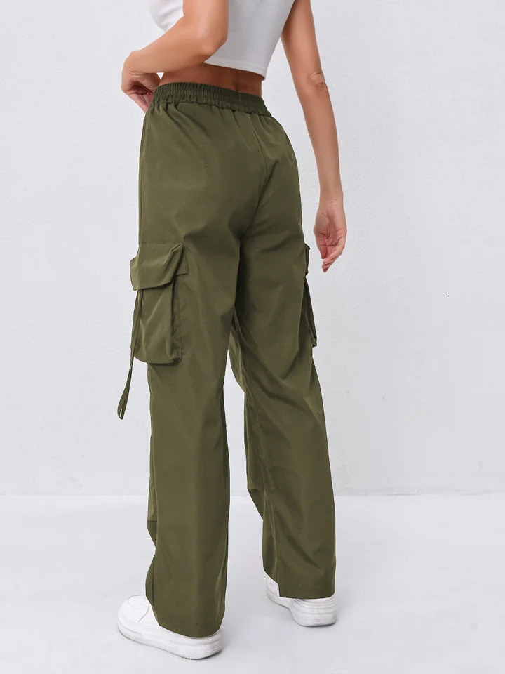 Womens Elastic Waist Cargo Pants with Double Sided Large Pockets Outdoor Sports Long Trousers 251017
