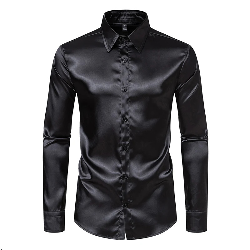 Mens Black Satin Dress Shirts Fashion Silk Smooth Tuxedo Shirt Solid Wedding Party Prom Casual Shirt Business Office 251016