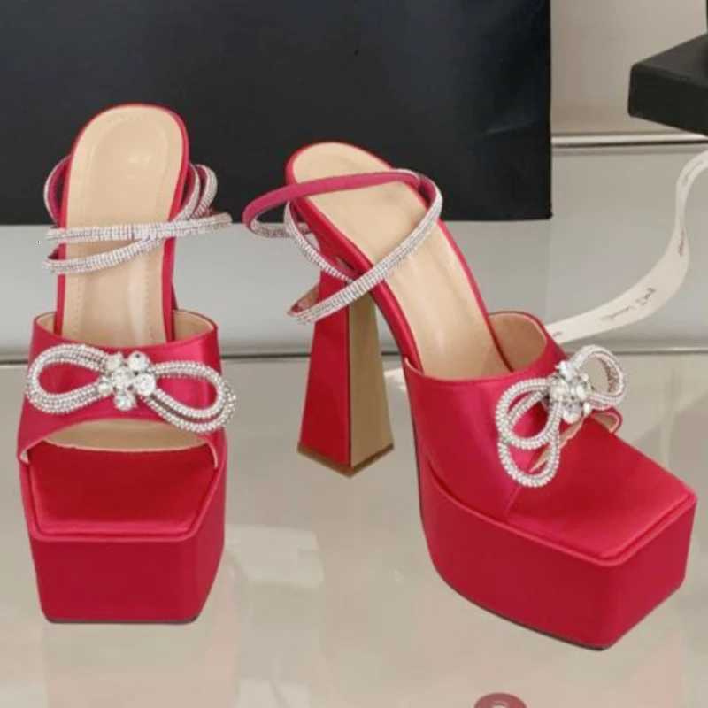 Luxury Rhinestone Bow Women Sandals Satin Square Toe Open Toe Super High Heel Sandal Summer Fashion Party Belt Buckle Dress Shoe Z251015