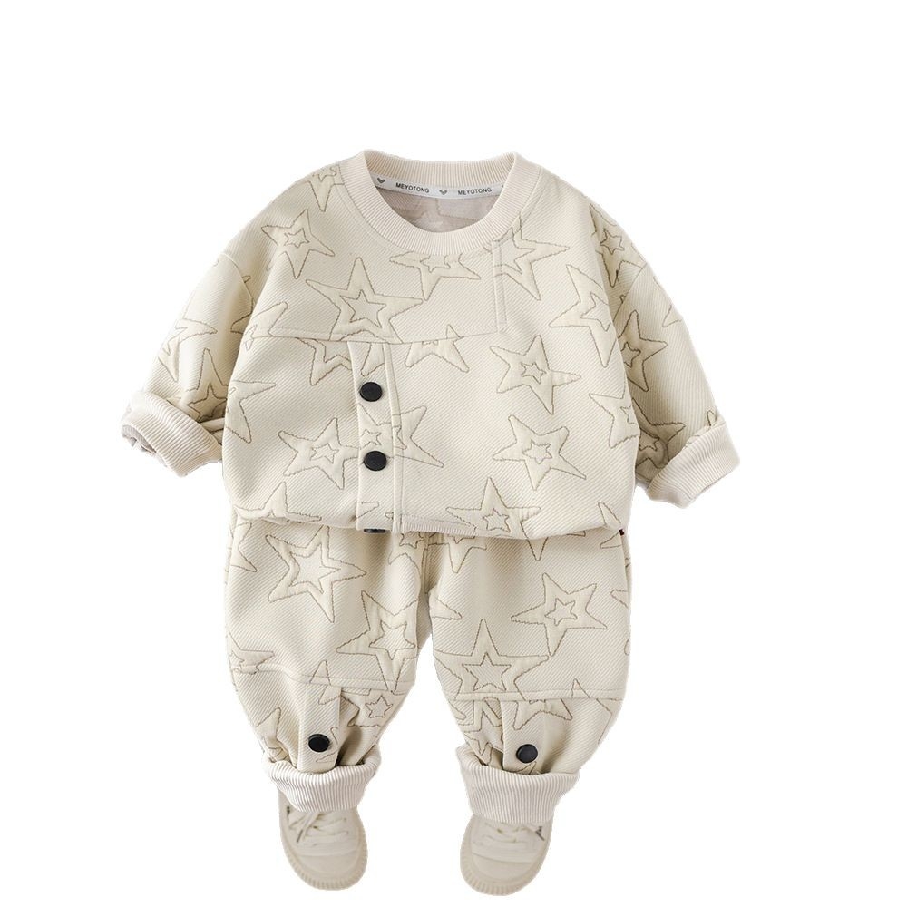 Boys' Spring Clothing Set 2025 New Baby's Spring and Autumn Baby's Elegant Jacquard Round Neck Two Piece Set free shipping designer