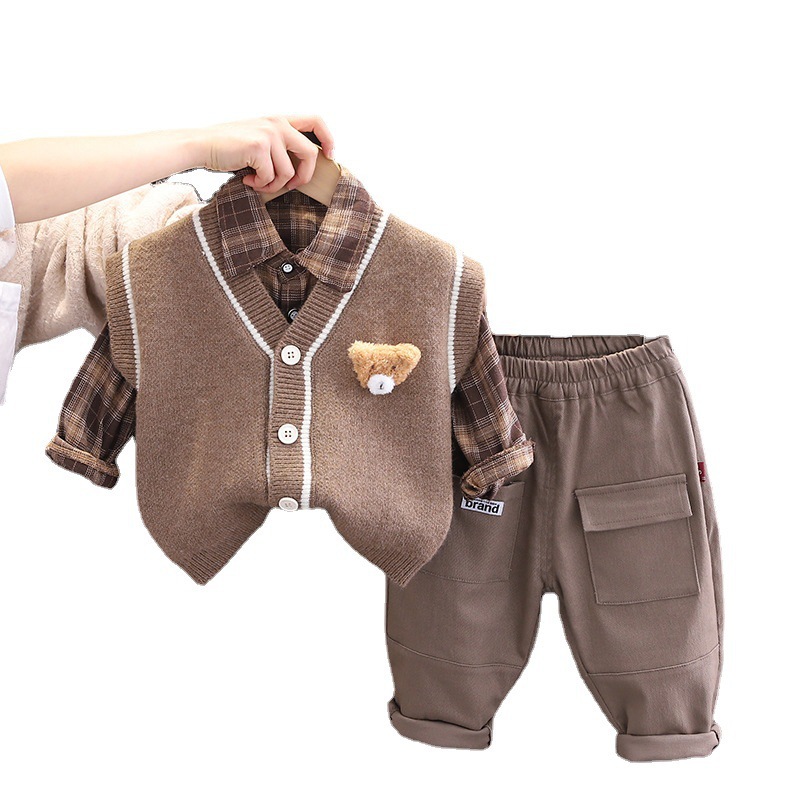 2025 new children's clothing spring and autumn season children's knitted sweater vest cardigan three piece set boy and girl baby cartoon shi