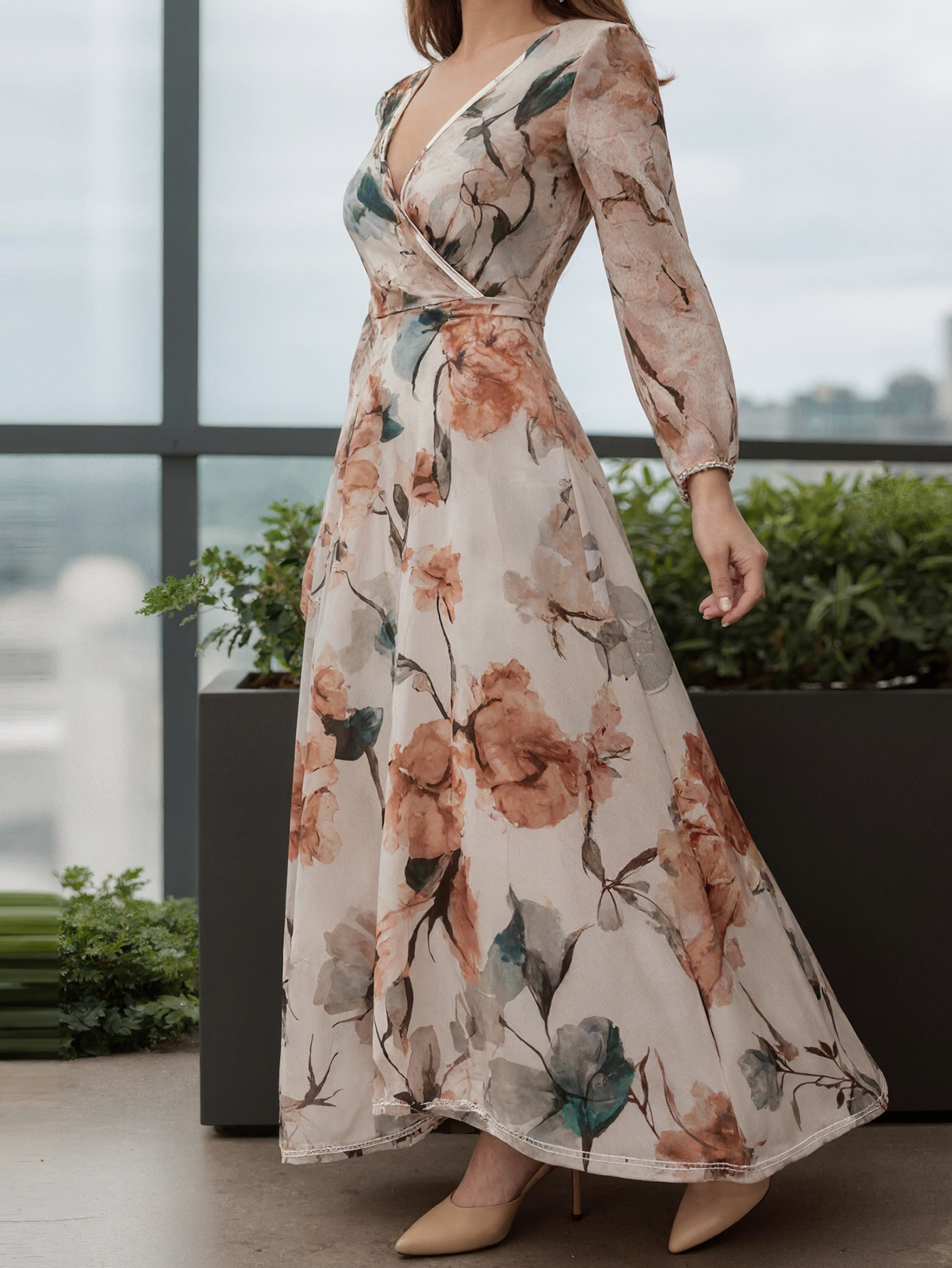 Women's Autumn Winter Floral Print Midi Dress - Elegant Office Casual Long Sleeve Dress-CF56163