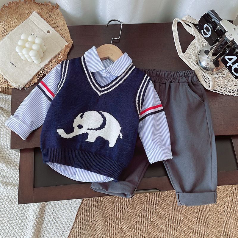 Boys' Spring and Autumn Set 2025 New Baby Autumn Dress Western Elephant Sweater 3-Piece Set Baby Boys' Trendy free shipping