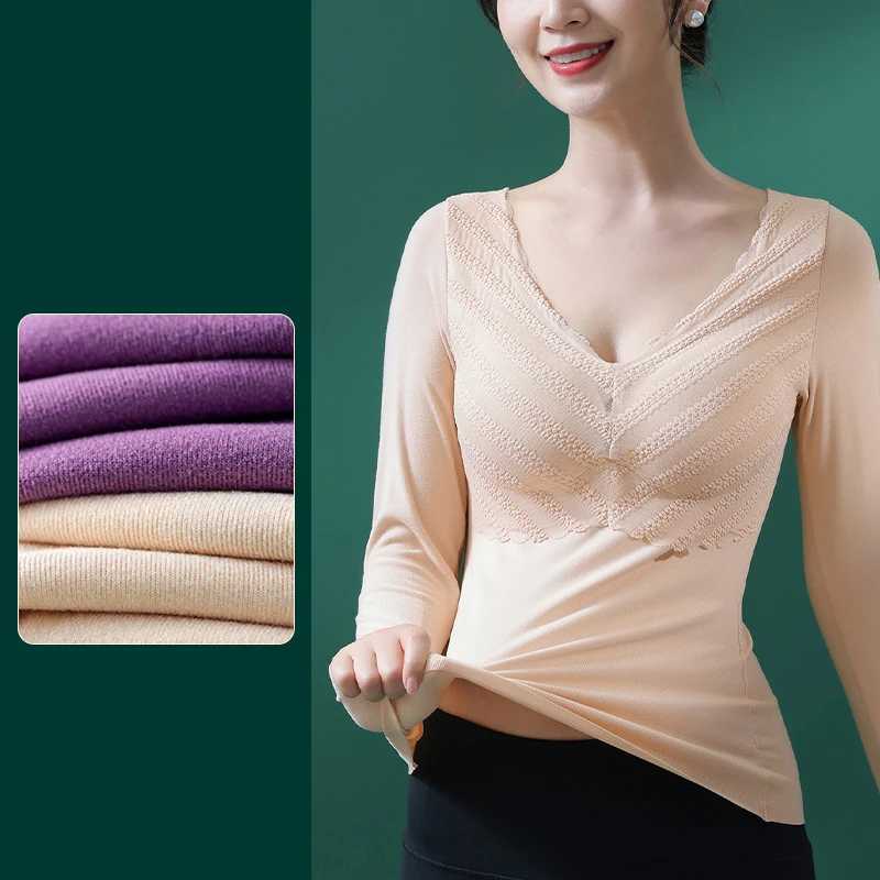Autumn and Winter German Velvet Lace VNeck Warm and Heat Free Long Sleeve Underwear with Chest Cushion Underlay T251018