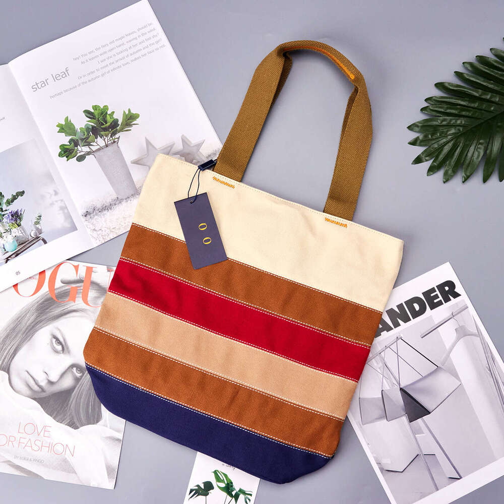 New Striped Color Block Embroidered Canvas Bag B5