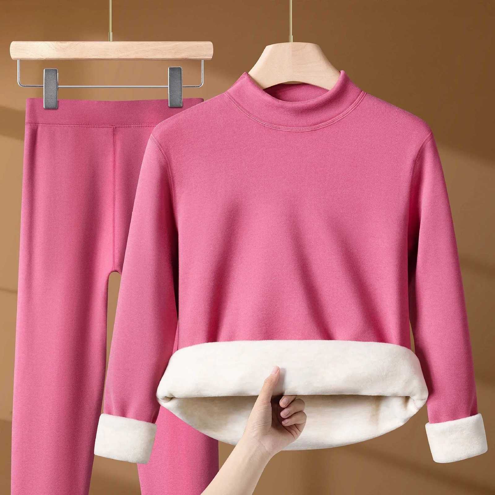 FW24 Womens Wool silk thermal underwear sets half high neck fleeced wool thicken cold long John for winter wear T251018