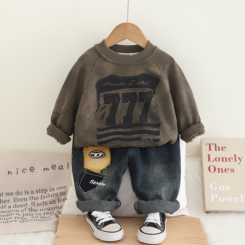 Boys' Set Spring and Autumn 2025 New Children's Digital Round Neck Hoodie, Two Piece Set for Children's Baby Clothes free shipping