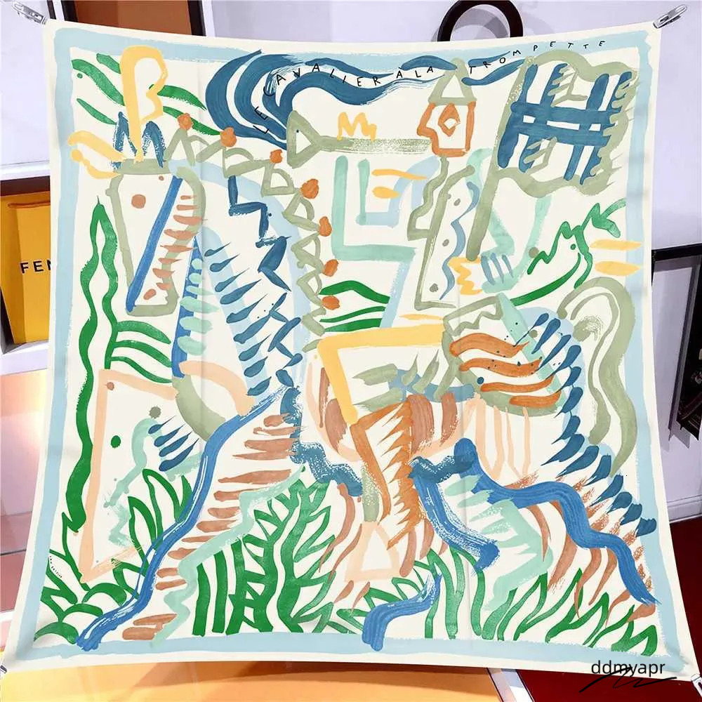 ddmyApr 90Cm Twill Silk Scarf Shawl Graffiti Horse Print Square Women Hijabs Bandana Foulard Neckerchief Head Scarves M250709