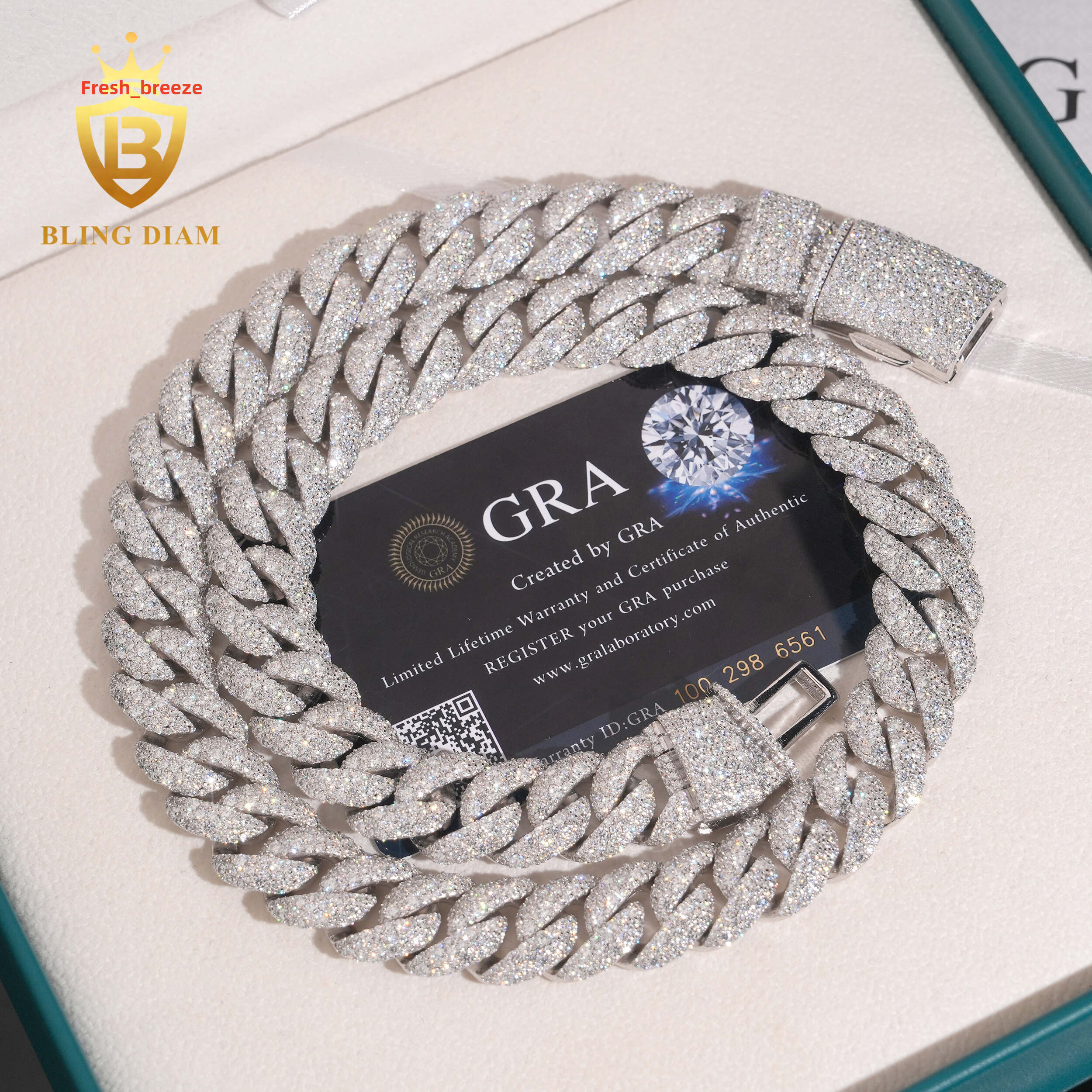 Hot Sale Fashion 15mm Cuban Chain 925 Silver Mosainite Iced Out Jewelry VVS Moissanite HipHop Style Pass Diamond Tester with GRA