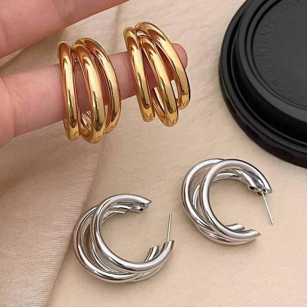 Simple Stainless Steel Cshaped Threelayers Earrings for Women Girls Metal Circle Round Drop Punk Earrings Jewelry Party Gifts Y251018