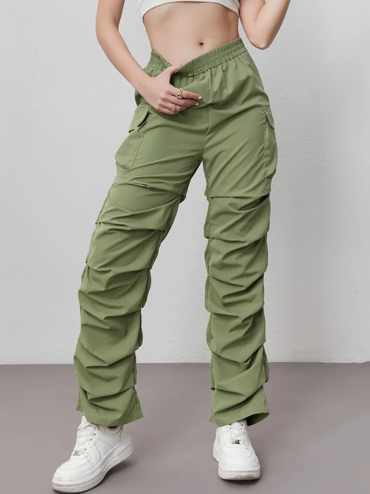 Womens Elastic High Waist Cargo Pants with Large Pockets Outdoor Casual Trousers 251017