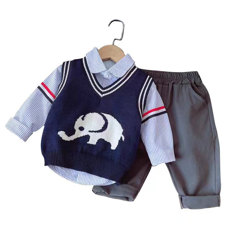 Boys' Spring and Autumn Set 2025 New Baby Autumn Dress Western Elephant Sweater 3-Piece Set Baby Boys' Trendy free shipping