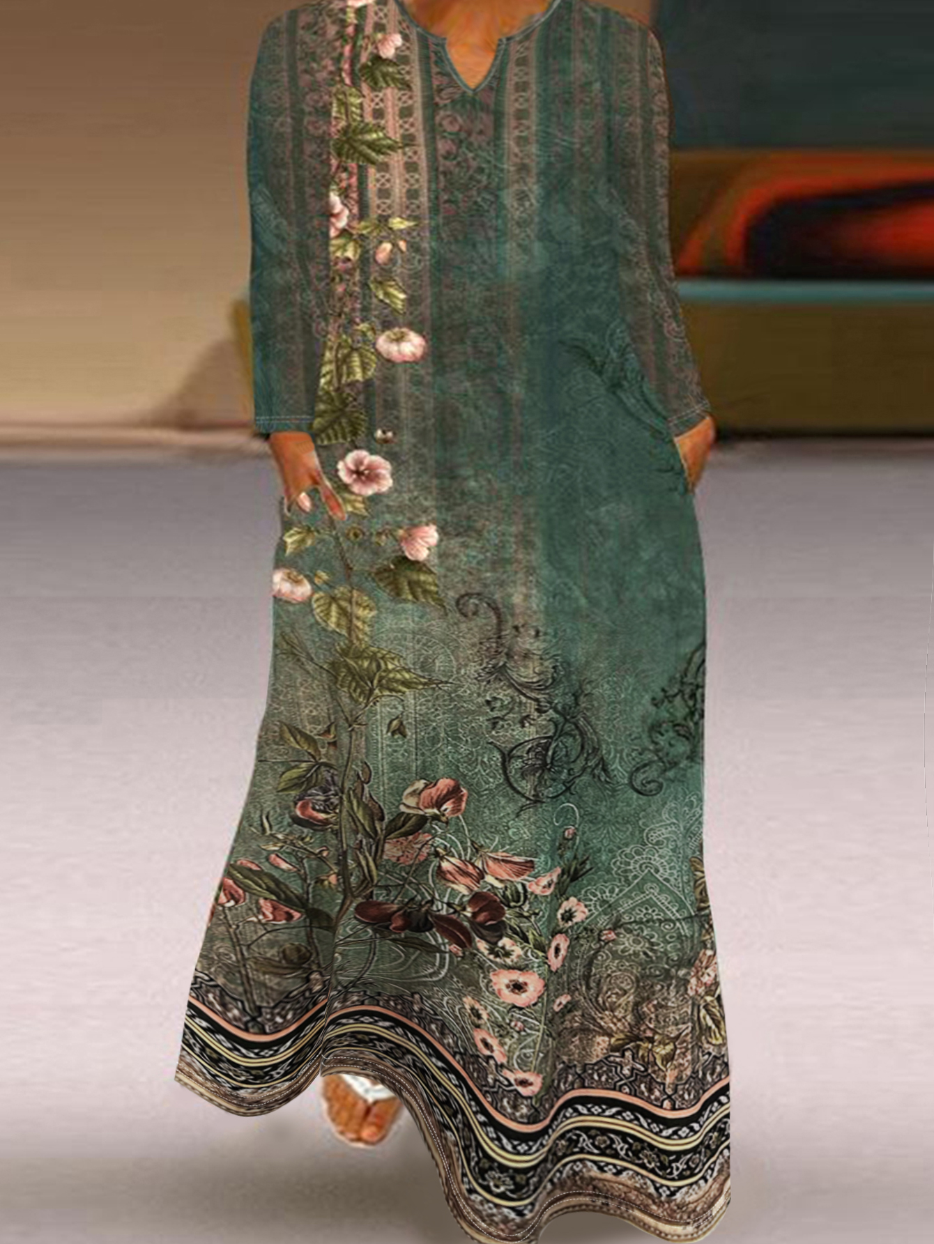 Women's Autumn Winter Retro Floral Print Midi Dress - Plus Size Daily Casual Elegant Green Dress (1XL-5XL)-YL25439