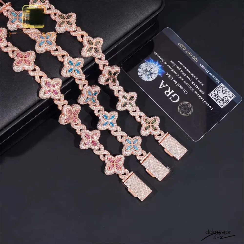 Rich ddmyApr Color Flower Design 18Mm Custom Iced Out Hip Hop Unisex Jewelry Cuban Link Chain Sier VVS Moissanite Bracelet