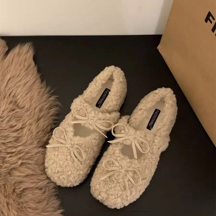 Warm Mary Jane Shoes for Women Hook Loop Flat Low Heels Round Toe Shoes Women Solid Fur Plush Butterfly Knot Casual Shoes 251013
