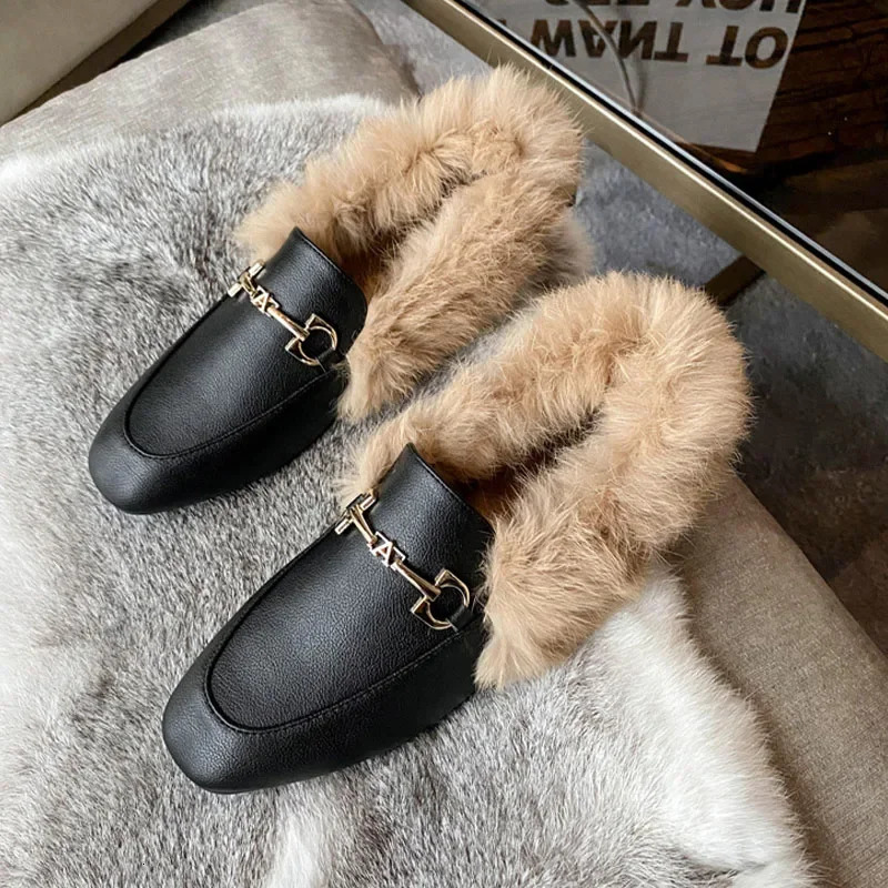 Autumn Winter Loafers Women Rabbit Fur Booties Slipon Ankle Boots Flat Botas De Mujer Plush Warm Boot British Leather Shoes 251013