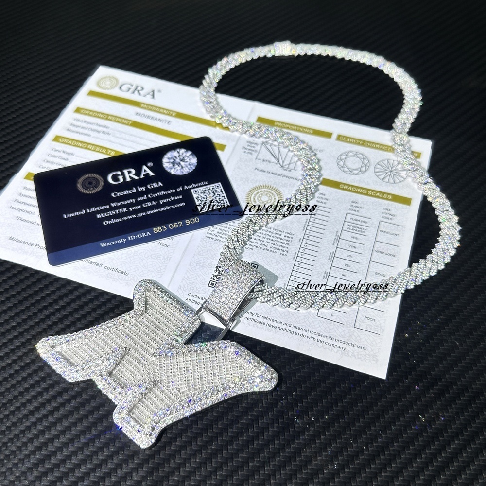 Iced Out Moissanite Diamond Silver Round Mix Baguette Initial M Letter Pendant With 8MM Cuban Chain