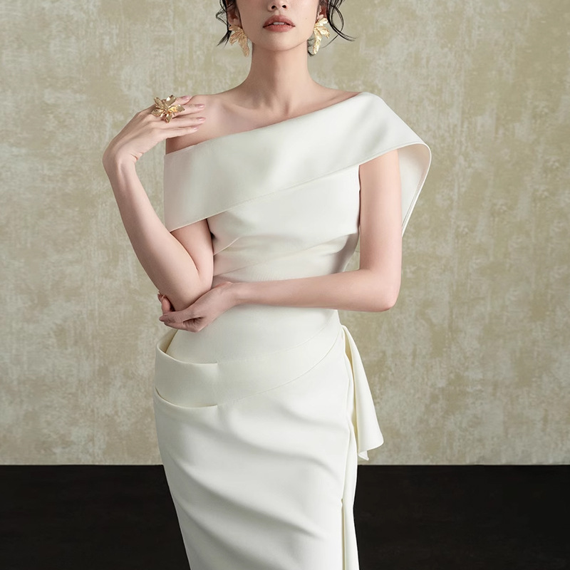 PN88 New White Elegant Slit Waist-cinching Dress
