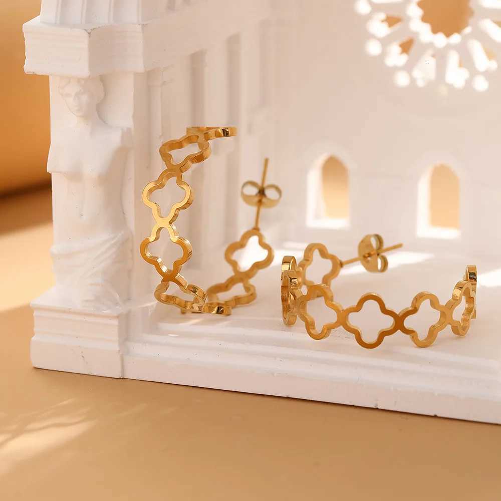 DGIDDK Stainless Steel Geometric CShaped Earrings Ladies Hollowed Out Lucky FourLeaf Clover Earrings Suitable For Daily Wear Y251018