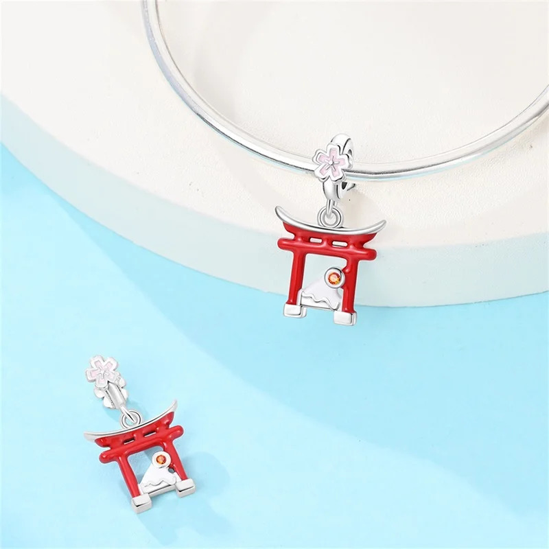 925 Sterling Silver Japanese Torii Shrine Cherry Blossom Souvenir Pendant Fit Original Charm Bracelets Women DIY Jewelry Gift 251013