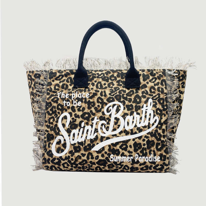 St. Bart Women's Large Capacity Casual Travel Leopard Canvas Tassel Handbag Tote Bag with Letter Print