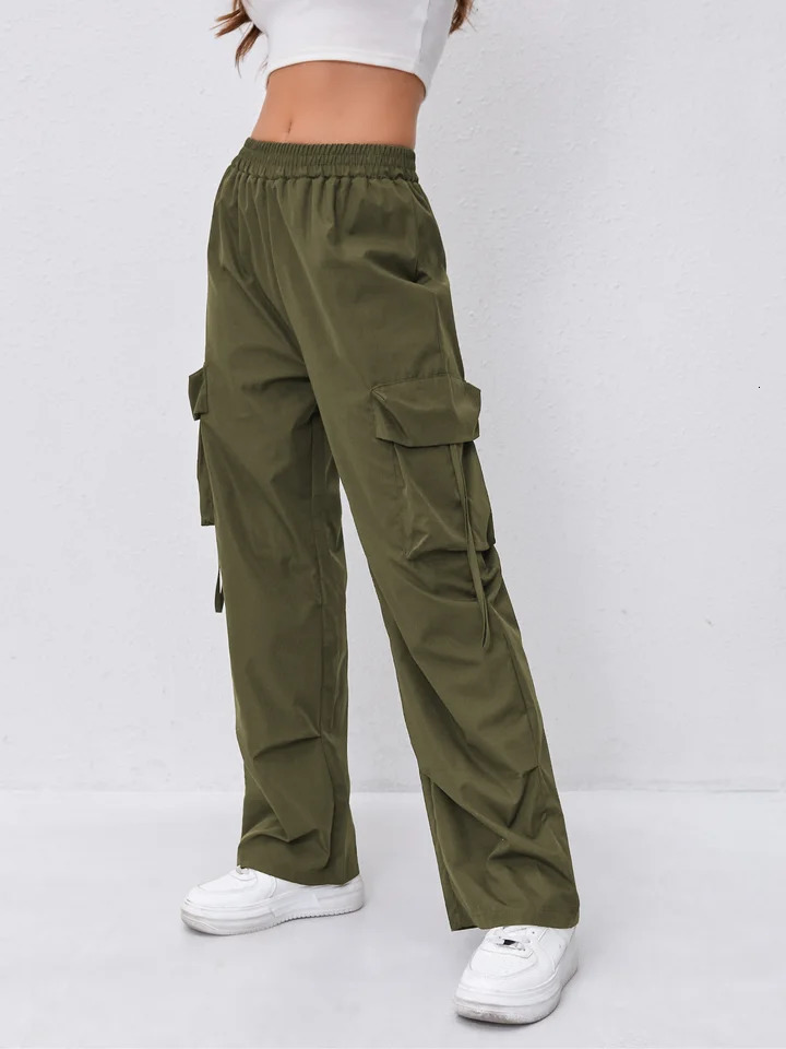 Womens Elastic Waist Cargo Pants with Double Sided Large Pockets Outdoor Sports Long Trousers 251017