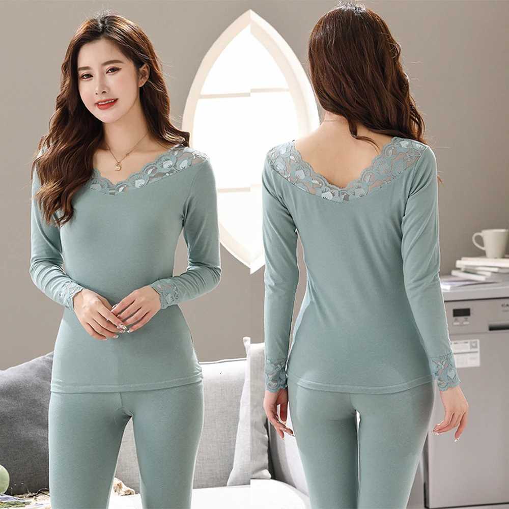 Womens Thermal Underwear Cotton Woman Winter Clothing Sexy Lingerie Set Long Johns Lace Bottoming Thermal Shirt Pant Sets 2Pcs T251018