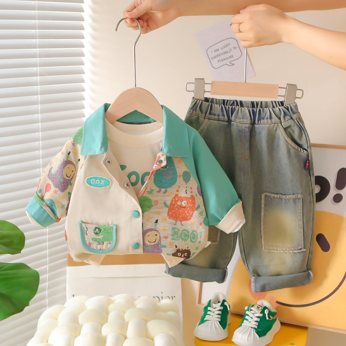 Boys' Set Spring and Autumn 2025 New Collection Children's Baby Autumn Clothing Boys' Cartoon Cute Jacket Three Piece Set free shipping