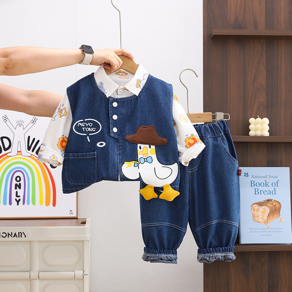 Boys' autumn fashion western-style set, children's 2025 new spring and autumn style cartoon duck cowboy vest three piece set, boys' bab