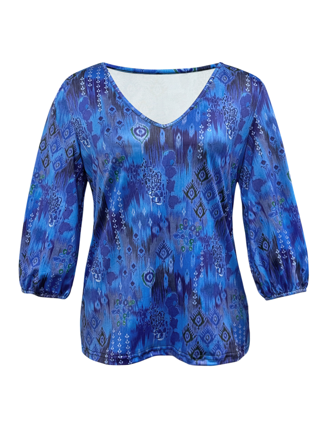 Women's Plus Size Retro All-Over Printed Long Sleeve Top - Casual Versatile Blue T-Shirt-YL25248