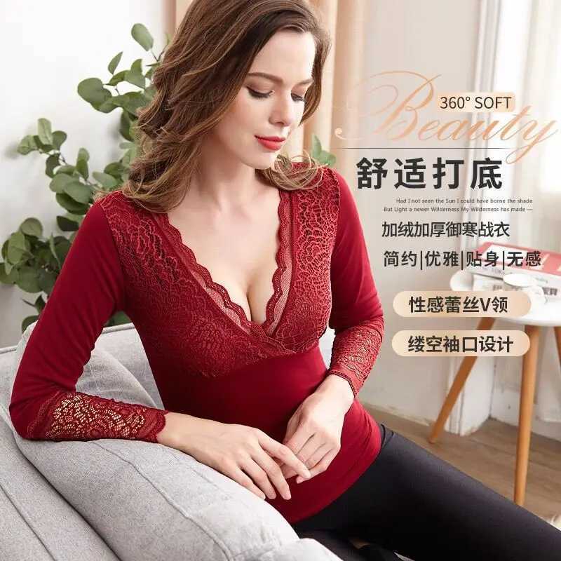 Winter Warm Tops For Women Velvet Pullovers Blouse Sexy Lace VNeck Long Sleeve Slim Body Tshirt Clothing 2022 T251018