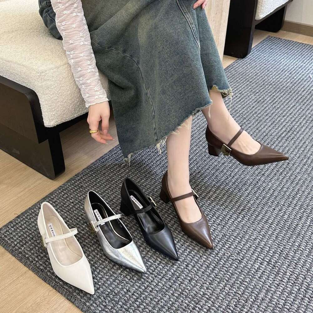 Chunky Heel French Pointed Toe Single for Women 2025 New Spring Summer Winter Mary Designer Shoe Jane Leather Shoes