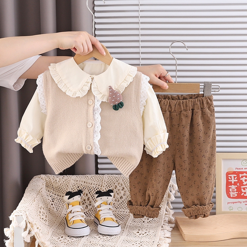 Girls' Autumn Set 2025 New Fashionable Baby Lace Sweater Vest Children's Casual Spring and Autumn Three Piece Set free shipping designer