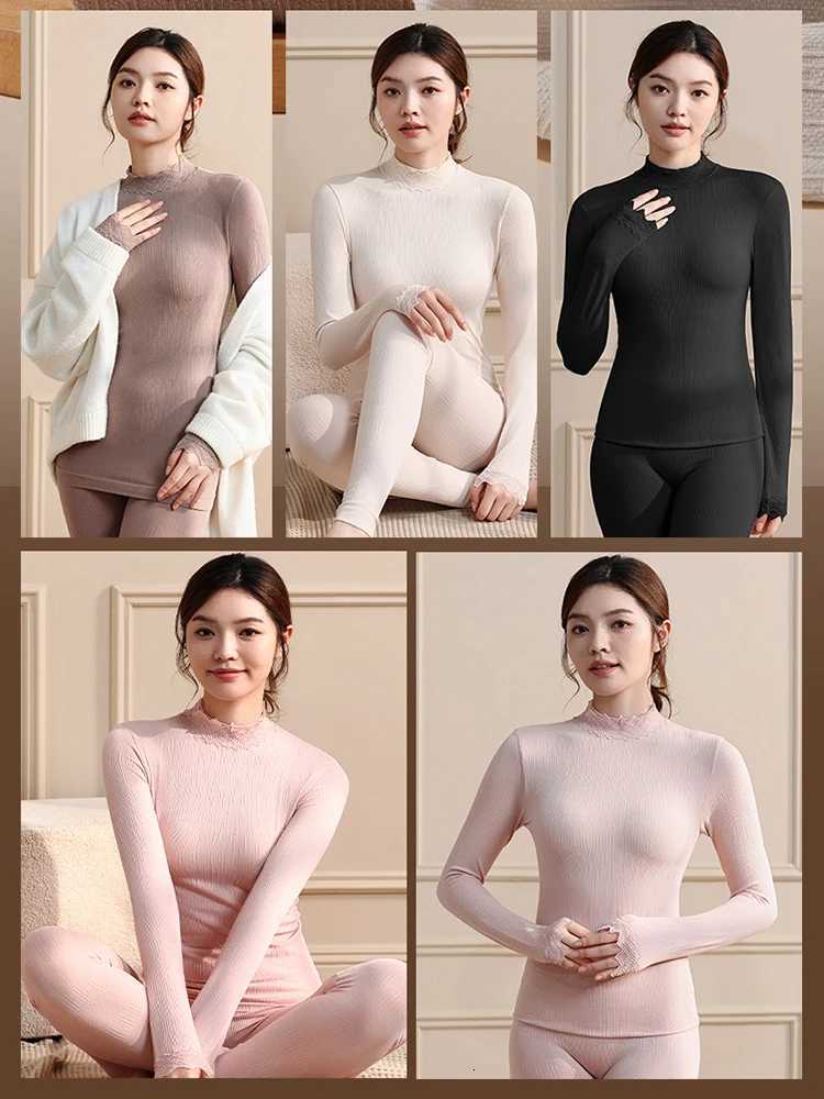 Autumn and Winter Thermal Underwear Sets for Women Midhigh Collar High Stretch Base Thin Velvet Tops Trousers Seamless Lingerie T251018