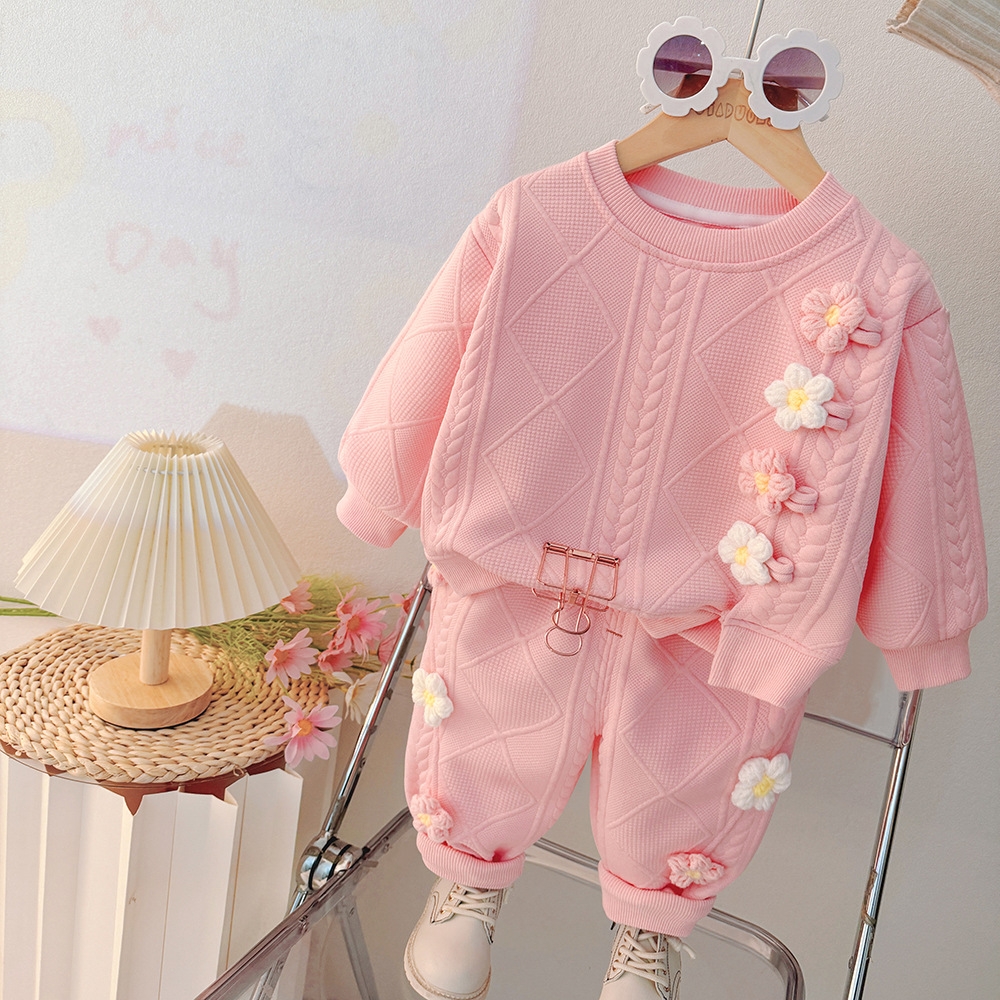 Girls' Spring and Autumn Collection 2025 New Style Girls' Two Color Little Flower Baby Spring Two Piece Children's Clothing Set