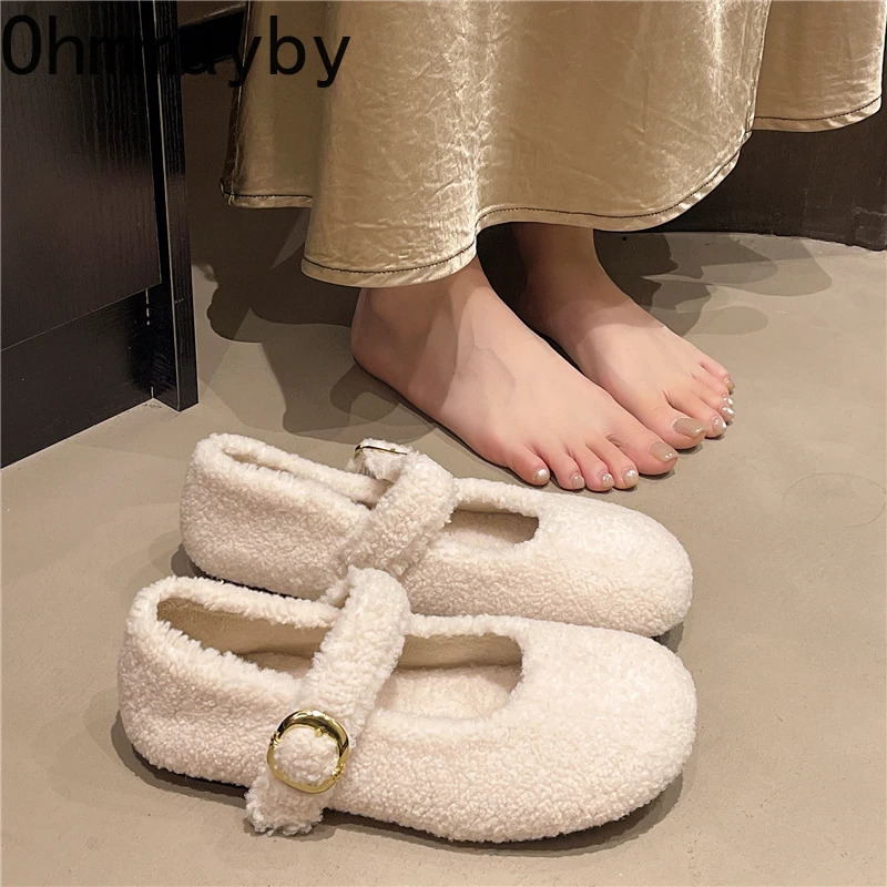 Winter Fur Women Mary Jane Shoes Concise Keep Warm Outdoor Shoes Ladies Comfort Cotton Flats Shoes 251013
