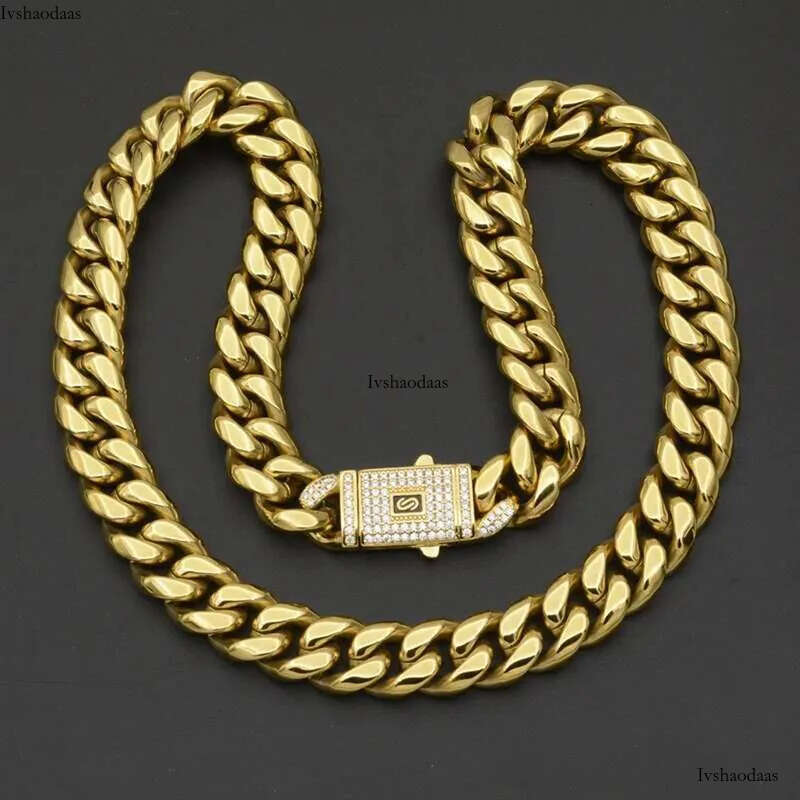 Hip Hop Bling Iced Out Gold Color Stainless Steel CZ Cuban Miami Necklace Link Chain for Men Rapper Jewelry