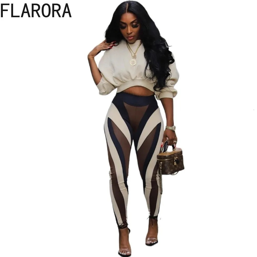FLARORA Fashion Stripe Print 2 Pcs Sets Woman Round Neck Long Sleeve Crop Tops And Skinny Pants Outfits Fall Street Tracksuits 251018